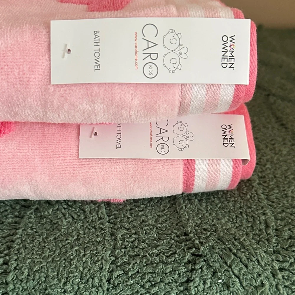 Caro Kids 2 Bath Towels & 5 Washcloths Vibrant Pink Hearts 💕 NEW!